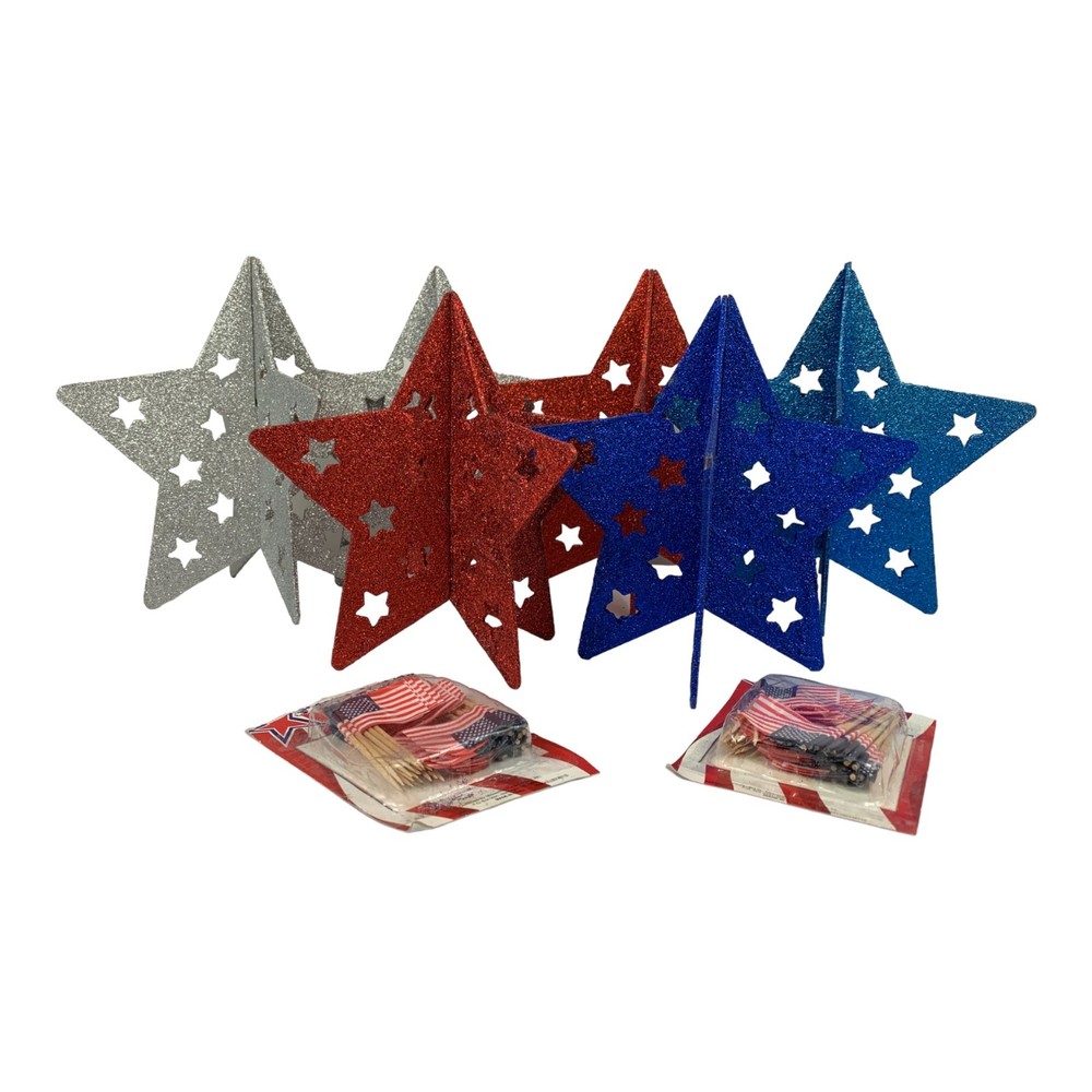 (5) Patriotic 4th of July Glitter Standing Stars Tabletop Decor 8.75", toothpick
